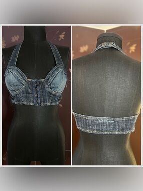GUESS Dark Blue Denim Corset Halter Bustier Top
